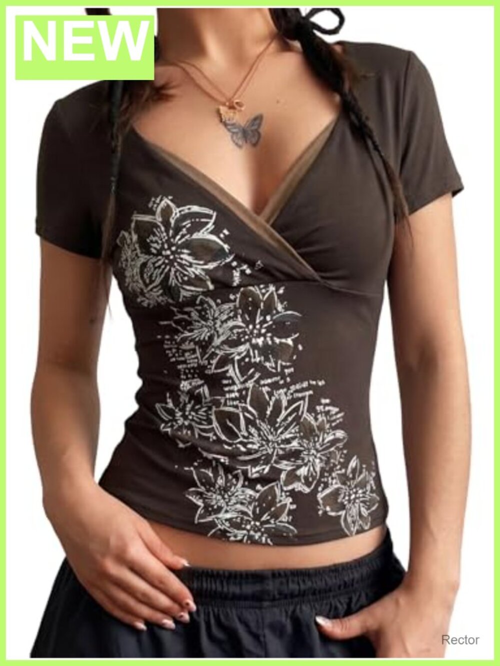 Y2K Fairy Grunge Floral V-Neck Short Sleeve T-Shirt Slim Fit